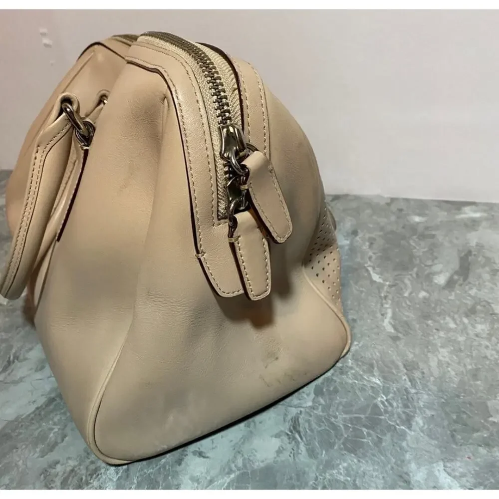Coach Haley Light Nude Perforated Leather Top Handles Zipper Satchel Bag